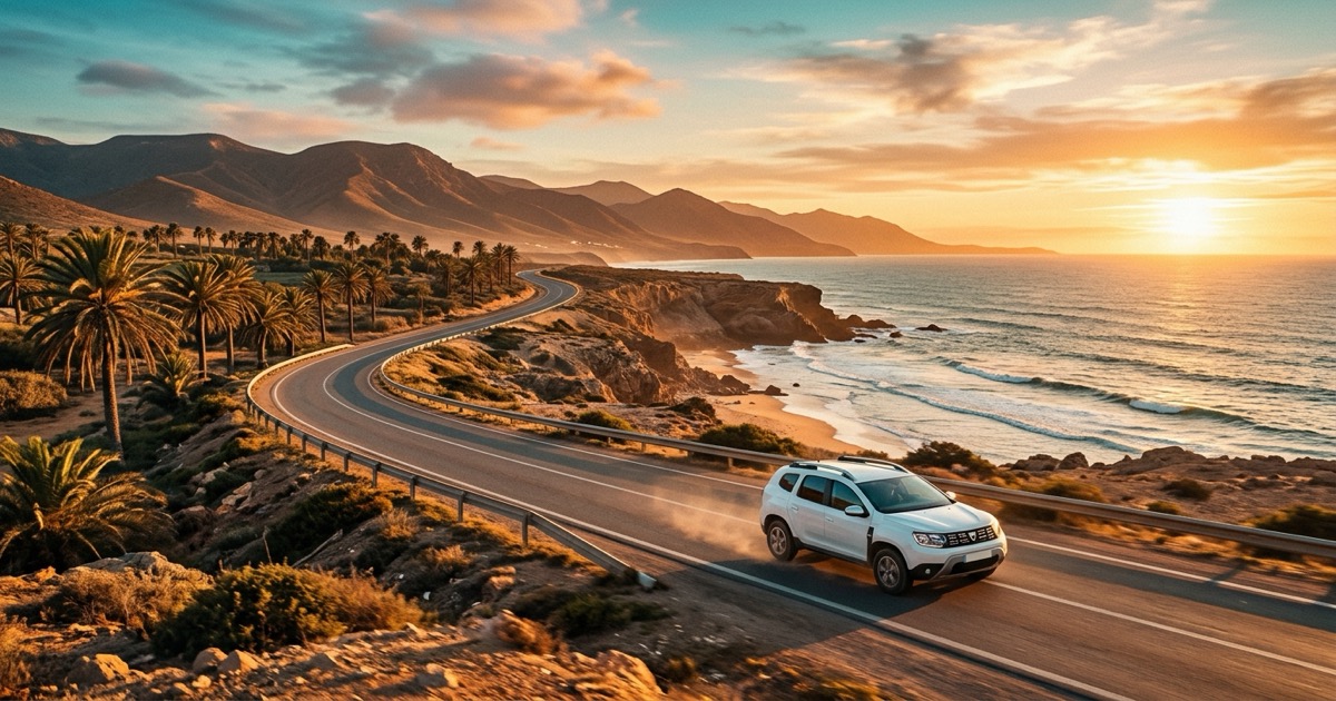 White rental SUV driving along the Atlantic coast road near Agadir, Morocco at sunset