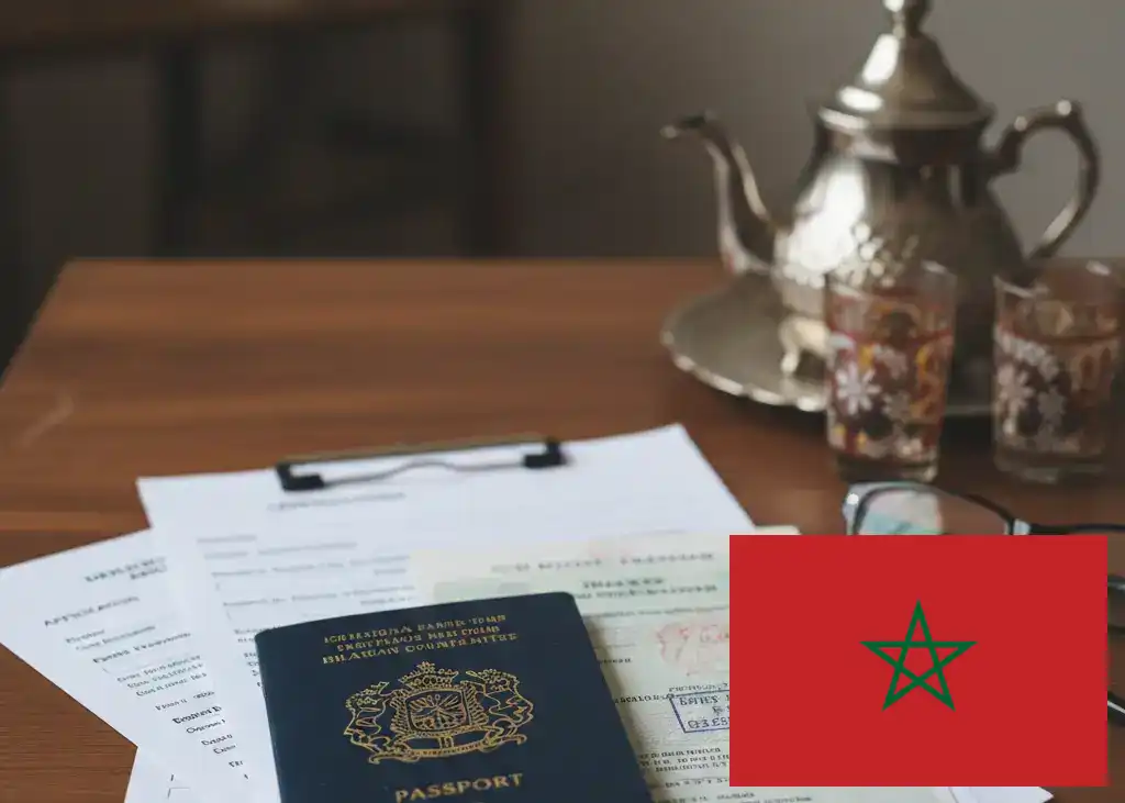 Passport and rental paperwork on a table with Moroccan tea glasses: documents required to rent a car in Morocco